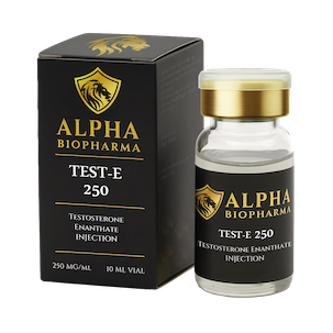 Testosterone Enanthate 250 mg vial – linksvoor perspectief Testosterone Enanthate 250 mg injecteerbare vial – linksvoor aanzicht met verpakking