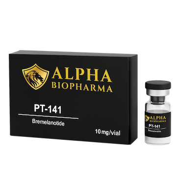 Linker zijaanzicht van PT-141 flacon en verpakking – Alpha BioPharma peptide.