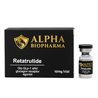 Retatrutide 10 mg vial met doosje – rechtvoor aanzicht onderzoekspeptide