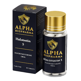 Linker zijaanzicht van Halotestin verpakking en potje – Alpha BioPharma supplement.