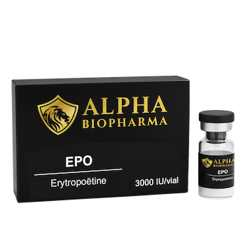 Rechts vooraanzicht van de EPO-verpakking van Alpha BioPharma met zicht op de rechterzijde en productdetails.