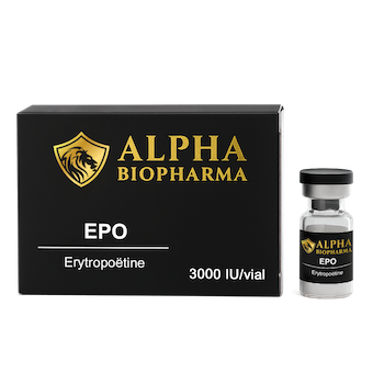 Vooraanzicht van de EPO-verpakking van Alpha BioPharma met duidelijk zichtbaar logo en productnaam.