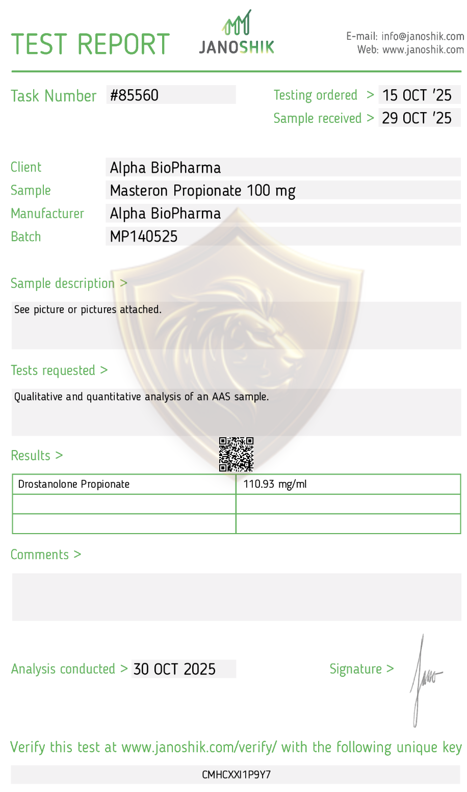 Janoshik test van Masteron Propionate