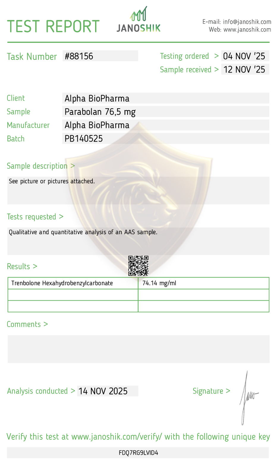 Parabolan labtest door Janoshik