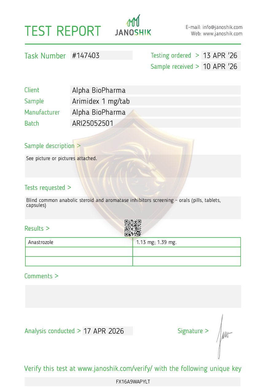 Arimidex 1 mg Janoshik labtest resultaat.